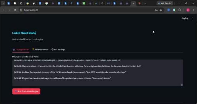 B-roll Sourcing Agent: Locked Planet Studio running on my laptop