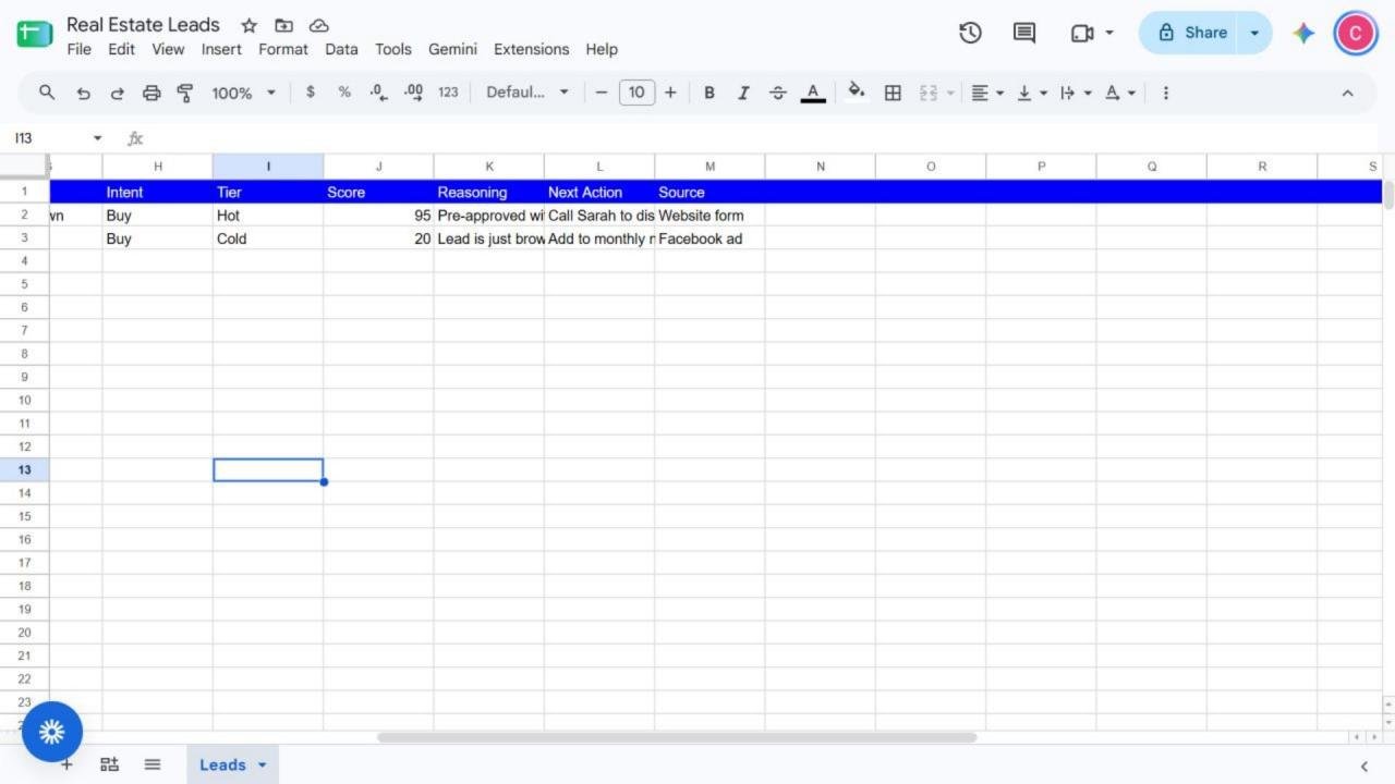 Real Estate AI Lead Qualifier: Score, reasoning, next action and source per lead